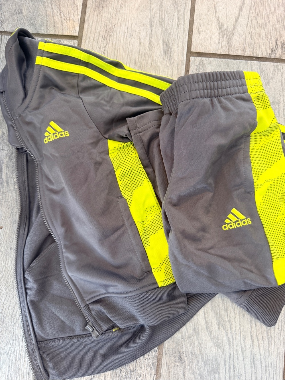 adidas Kids Gray Track Jacket and Joggers with Neon Yellow Accents